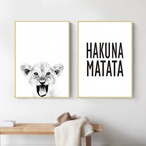 Hakuna Matata Quote Scandinavian Art Canvas Painting Baby Lion Print Wildlife Animal Black White Poster Kids Room Home Decor