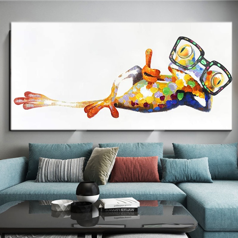 E-photos ABC123 32x32inch, Happy Frog Muzagroo Art Hand Painted Oil Painting Happy Frog on Canvas for Living Room Large Size Art Stretched