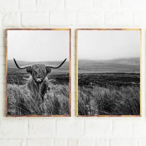Highland Cow Print And Poster , Farm Animal Wall Art Scottish Cow Canvas Painting Black White Pictures Farmhouse Kitchen Decor
