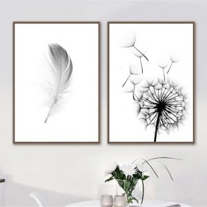 Home Decor Art Black White Dandelion Feather Wall Art Canvas Painting Living Room Decor Flowers Printed Wall Pictures