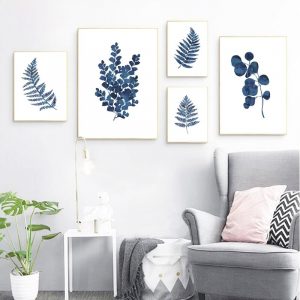 Ink blue fern print color indigo leaf plant art canvas poster, ink blue eucalyptus leaf painting family wall decoration