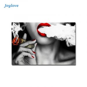 JOYLOVE Women Red Lip Smoking Money Poster And Prints Fashion Sexy Lady Canvas Painting Wall Artwork For Living Room Bedroom