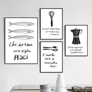 Kitchen Quotes Italian Canvas Prints Black White Wall Art Painting Italy Coffee Fork Spoon Illustration Poster Kitchen Decor
