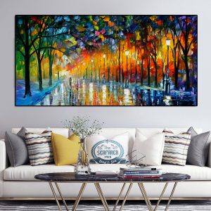 Landscape Painting Wall Art Oil Painting Lover in The Rainy Light Road Canvas Painting Wall Pictures for Living Room Home Decor