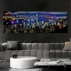 Landscape Posters and Prints Wall Art Canvas Painting Hong Kong City Night Scene Decorative Pictures for Living Room Home Decor