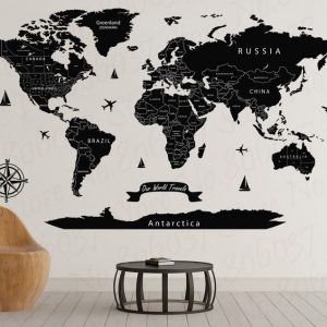 Large World Map Decal Print Black World Push Pin Travel Map Wall Art World Map Print Extra Large Wall Modern Art Decor WL767