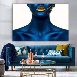 Larger Size Blue Golden Nude Woman Headband Portrait Canvas Painting Posters Prints Wall Art Picture for Living Room