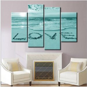 Le Reve Large Teal Seascape Sunset Canvas Picture Love Wall Art Split 4 Panel For Decorating Homes, Offices, Cafes, Hotels