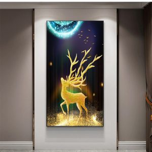 Modern Abstract Art Golden Elk Landscape Canvas Painting Wall Art Pictures for Living Room Home Decor (No Frame)