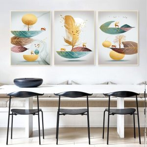 Modern Abstract Art Golden Feather Deer Green Leaf Canvas Painting Wall Art Pictures for Living Room Home Decor (No Frame)