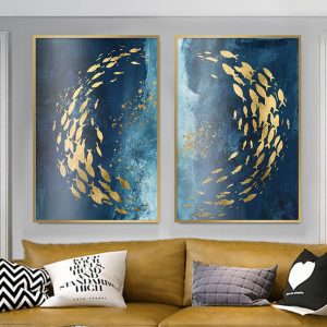 Modern Abstract Nordic Style Wall Art Canvas Painting Golden Fish Blue Sea Poster Home Decoration Wall Painting For Living Room
