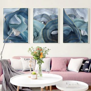 Modern Abstract Painting Art Luxury Blue Golden Line Geometric Canvas Poster And Print Pictures For Living Room Porch Decoration