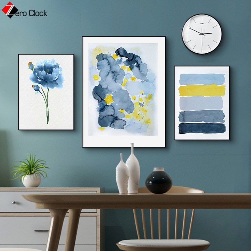 Modern Blue Yellow Abstract Flower Wall Art Painting Nordic Style ...