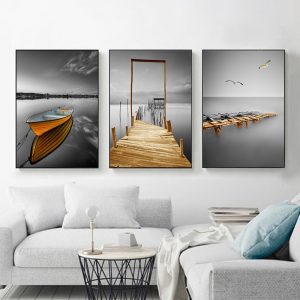 Modern Landscape Art Golden Sails and Calm Lake Canvas Painting Wall Art Pictures for Living Room Home Decor (No Frame)