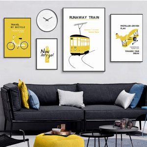 Modern Personalized Picture Home Decor Nordic Canvas Painting Wall Art Poster Cartoon Travel Tool Yellow Decor Print for Bedroom