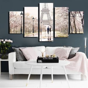 Modern Romantic Landscape Wall Art Poster Prints On Canvas 5Pcs Lover Walks Under The Eiffel Tower for Living Room Home Decor