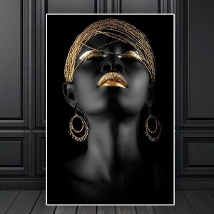 Modern Style African Woman Paintings on Canvas Golden Black Scandinavian Wall Art Poster and Print for Living Room Decor