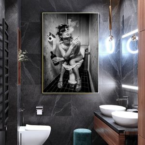 Modern Toilet Sexy Woman Man Canvas Prints Bar Girl Smoking And Drinking Bathroom Picture Poster Black And White Painting