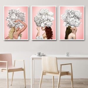 Modern White Flower Girl Elegant Nude Woman Canvas Painting Nordic Poster Prints Wall Art for Living Room Home Decor (No Frame)