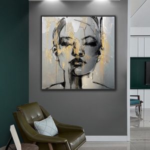 Modern fashion girl face canvas painting square abstract golden wall art printing for bed room home wall decor