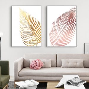 Mondern Pink And Gold Leaves Canvas Posters And Print Wall Art Pictures Design For Living Room Bedroom Home Decor No Frame
