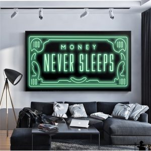 Money Never Sleep Canvas Painting Nordic Quotes Letter Money Posters and Prints Inspirational Decorative Wall Picture Office