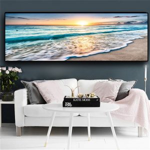 Natural Gold Beach Sunset Landscape Posters and Prints Canvas Painting Mediterran Scandinavian Wall Art Picture for Living Room