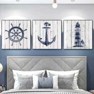 Nautical Nursery Wall Art Canvas Painting Navy Anchor Compass Lighthouse Print Arts Mediterranean Style Poster Boy Room Decor