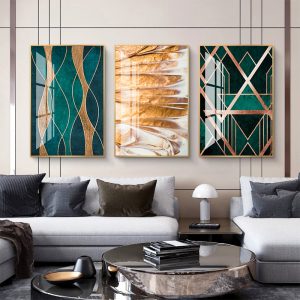 New Arrive Geometric Abstract Canvas Painting Light Luxury Colorful Gold Green Wall Art Poster Design For Living Room Home Decor