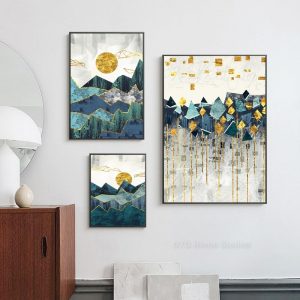 Nordic Abstract Geometric Mountain Landscape Canvas Painting Golden Sun Wall Art Poster Print Picture Living Room Decor