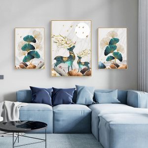Nordic Abstract Landscape Golden Elk Leaf Canvas Painting Posters Print Wall Art Pictures for Living Room Home Decor (No Frame)
