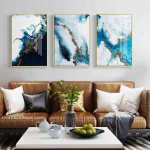 Nordic Abstract color spalsh blue golden canvas painting poster and print unique decor wall art pictures for living room bedroom