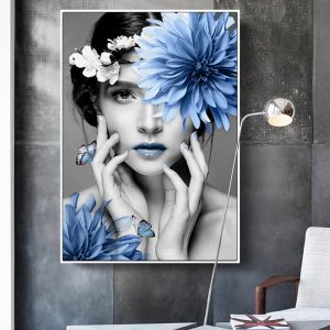 Nordic Blue Flowers Beauty Model Canvas Prints Woman Posters Wall Art Canvas Paintings Pictures Girls Bedroom Home Decoration