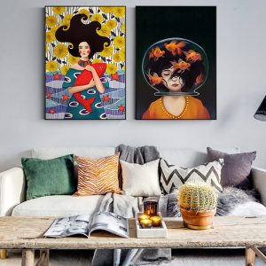 Nordic Canvas Painting Cartoon Girl and Fish Posters Prints Quadros Wall Art Romantic Picture Living Room Home Decor Cuadros