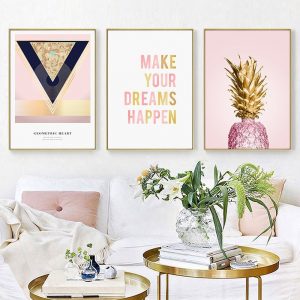 Nordic Fresh Golden Fruit Canvas Painting Geometric Inspirational Phrase Poster MAKE YOUR DREAMS HAPPEN Home Decor Pictures