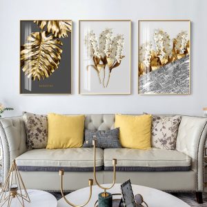 Nordic Golden Abstract Leaf Flower Wall Art Canvas Painting Black White Color Poster Print Wall Picture for Living Room Decor