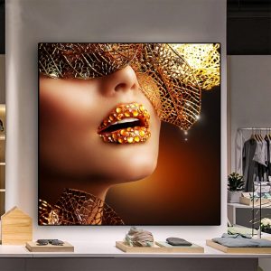 Nordic Golden Woman Canvas Painting  Sexy Lips Posters and Prints Scandinavian Wall Pictures for Living Room Decor