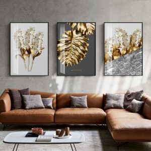 Nordic Golden abstract leaf flower Wall Art Canvas Painting Black white feathers Poster Print Wall Picture for Living Room Decor