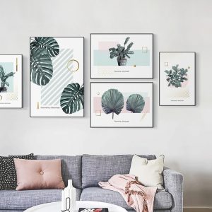 Nordic Minimalistic Green Plant Leaf Canvas Painting Geometric Figure Photo Wall Art Pictures Poster Mural Home Decor Painting