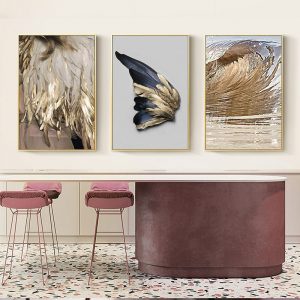 Nordic Modern Gold Feather Canvas Painting Golden Wings Ocean Waves Posters And Prints Wall Art Pictures For Living Room Bedroom