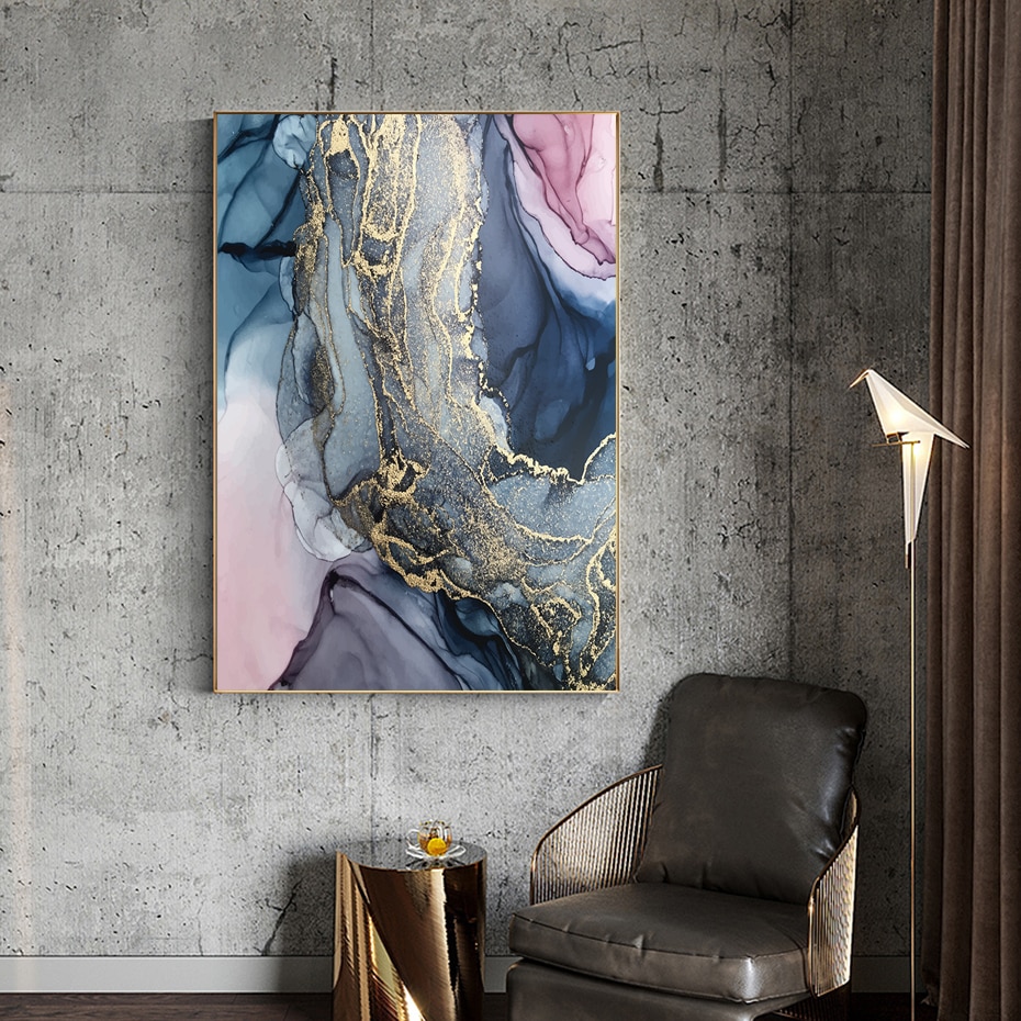 Abstract Nordic Modern Golden Pink White Canvas Painting Gold Wall