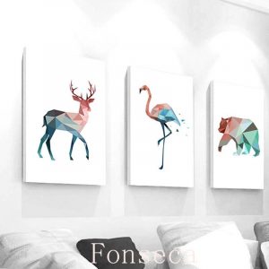Nordic Pink and Blue Geometric Animals Posters Wall Art Canvas Paintings Deer Beer Crane Pictures Living Room Home Decor