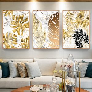 Nordic Plants Golden Leaf Canvas Painting Posters and Print Wall Art Pictures for Living Room Bedroom Dinning Room Modern Decor