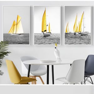 Nordic Posters and Prints Yellow Golden Sailboat Canvas Painting Seascapes Wall Pictures for Living Room Office Decorative 4-35