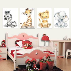 Nordic Simple Cartoon Animal Print Canvas Painting Cute Zebra Giraffe Lion Elephant Poster Children Room Wall Art Decor Pictures