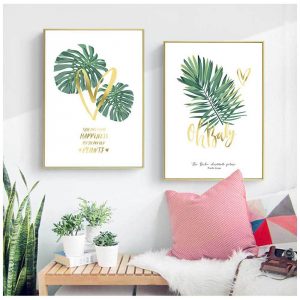 Nordic Simple Small Fresh Plant Canvas Painting Green Leaves Golden Letters Photo Wall Art Pictures Home Decoration Painting