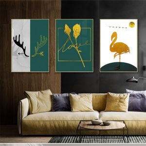 Nordic Style Plant Golden Leaves Flowers Animals Flamingo Gold Wall Art Picture for Living Room Modern Cuadros Decorative 2-95