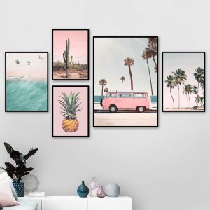 Nordic Style Sea Side Cactus Pineapple Pink Bus Coconut Canvas Painting Posters And Prints Wall Pictures For Living Room Decor