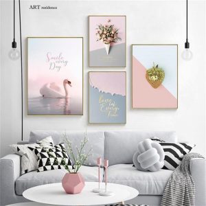 Nordic girl's heart poster, pink Swan Lake, rose flowers, gold letter bouquet printing canvas painting bedroom decorative mural