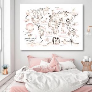 Nursery Posters and Prints Art Cartoon Animals World Map Wall Pictures for Baby Room Office Home Decoration Baby Cnavs Painting